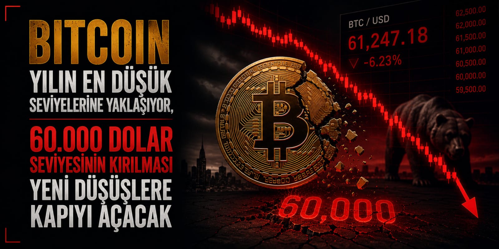Bitcoin Yılın En Düşük Seviyelerine Yaklaşıyor, 60.000 Dolar Seviyesinin Kırılması Yeni Düşüşlere Kapıyı Açacak