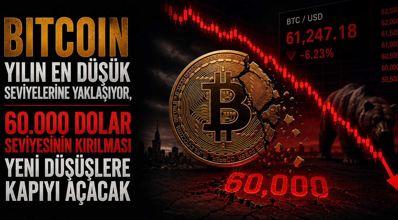 Bitcoin Yılın En Düşük Seviyelerine Yaklaşıyor, 60.000 Dolar Seviyesinin Kırılması Yeni Düşüşlere Kapıyı Açacak