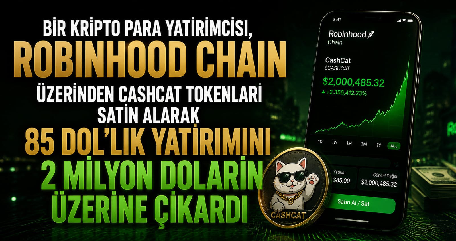 Bir Kripto Para Yatırımcısı, Robinhood Chain Üzerinden CashCat Tokenları Satın Alarak 85 Dolarlık Yatırımını 2 Milyon Doların Üzerine Çıkardı 