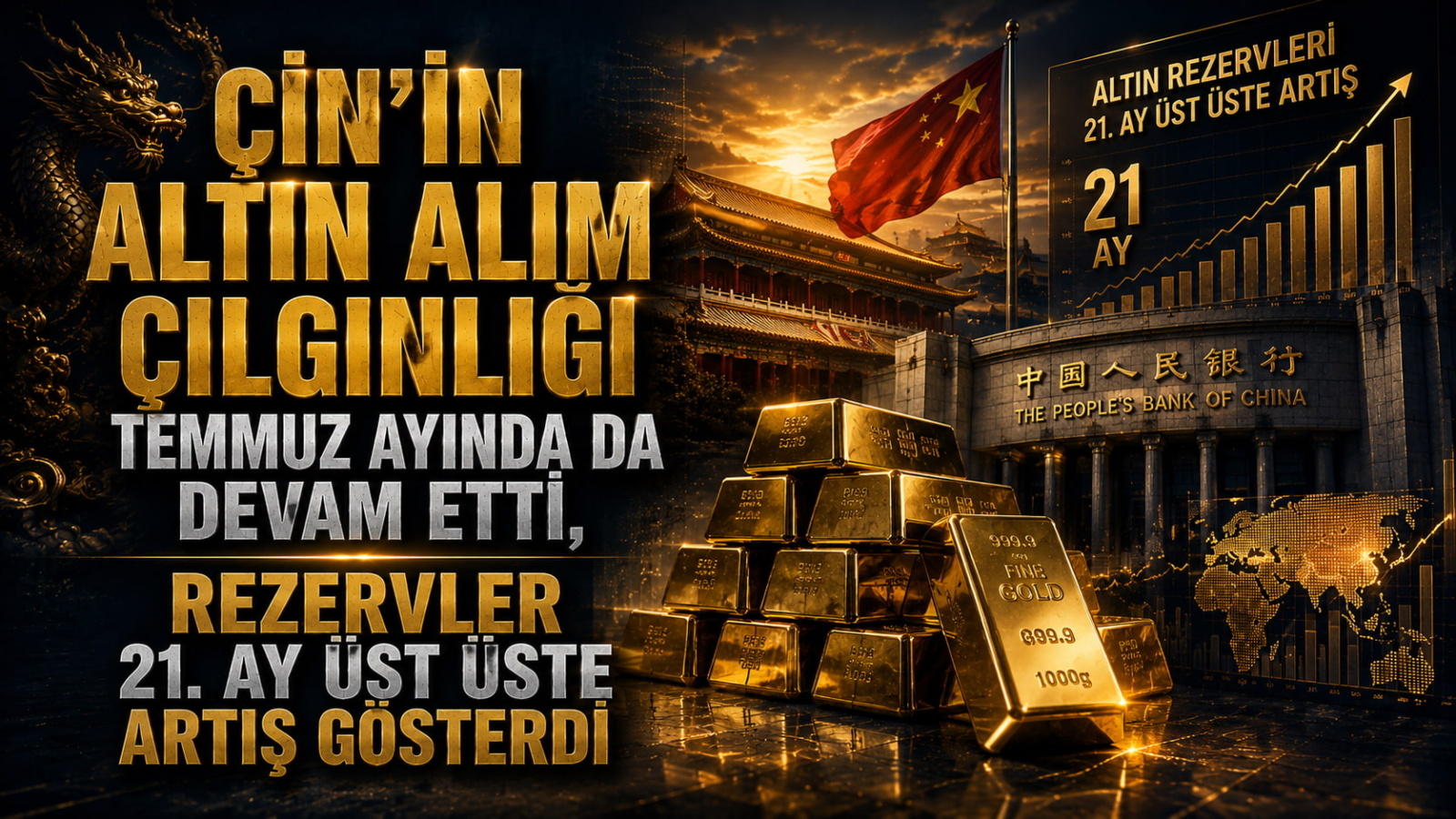 Çin'in Altın Alım Çılgınlığı Temmuz Ayında da Devam Etti, Rezervler 21. Ay Üst Üste Artış Gösterdi