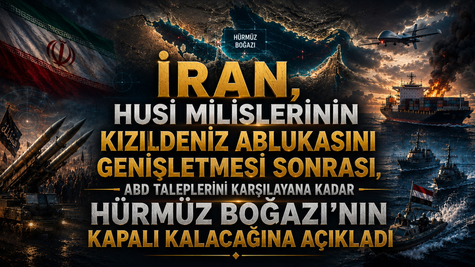 Görsel Üret : İran, Husi Milislerinin Kızıldeniz Ablukasını Genişletmesi Sonrası, ABD Taleplerini Karşılayana Kadar Hürmüz Boğazı'nın Kapalı Kalacağına Açıkladı