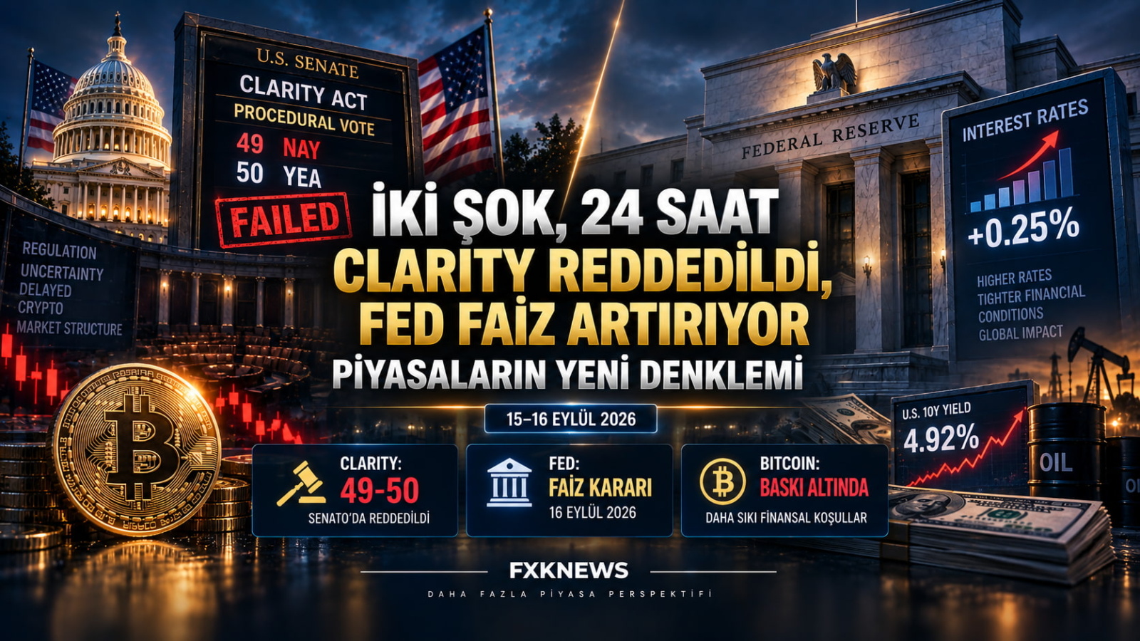 İki Şok, Yirmi Dört Saat: CLARITY Reddedildi, Fed Faiz Artırıyor — Piyasaların Yeni Denklemi