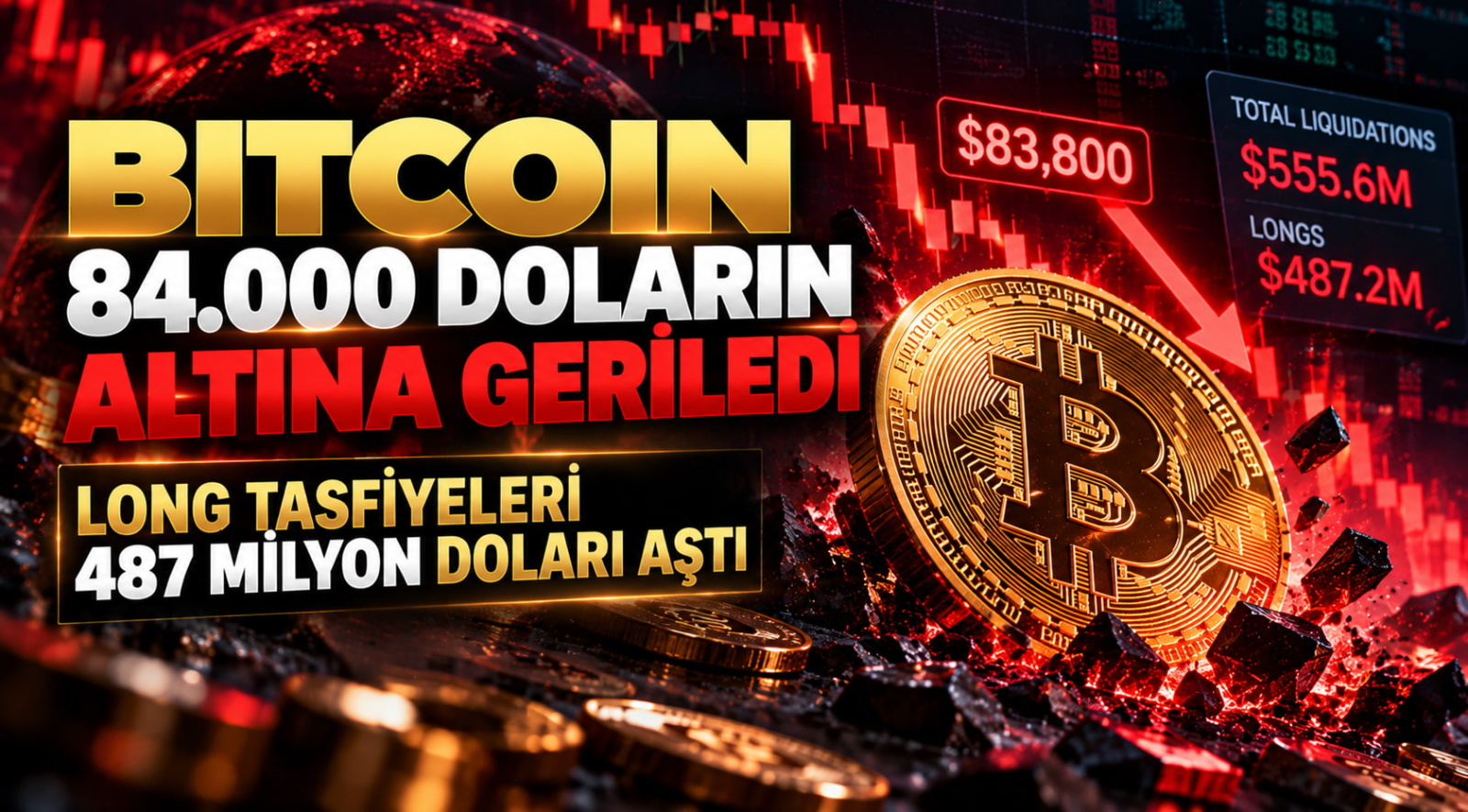 Bitcoin 84.000 Doların Altına Geriledi: Long Tasfiyeleri 487 Milyon Doları Aştı
